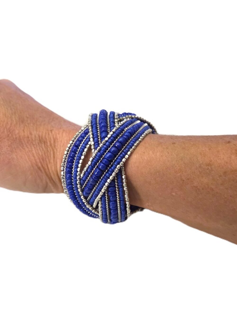 Blue Silver Bracelet Bead Wrap Around Knot Wide Cuff Statement Braided